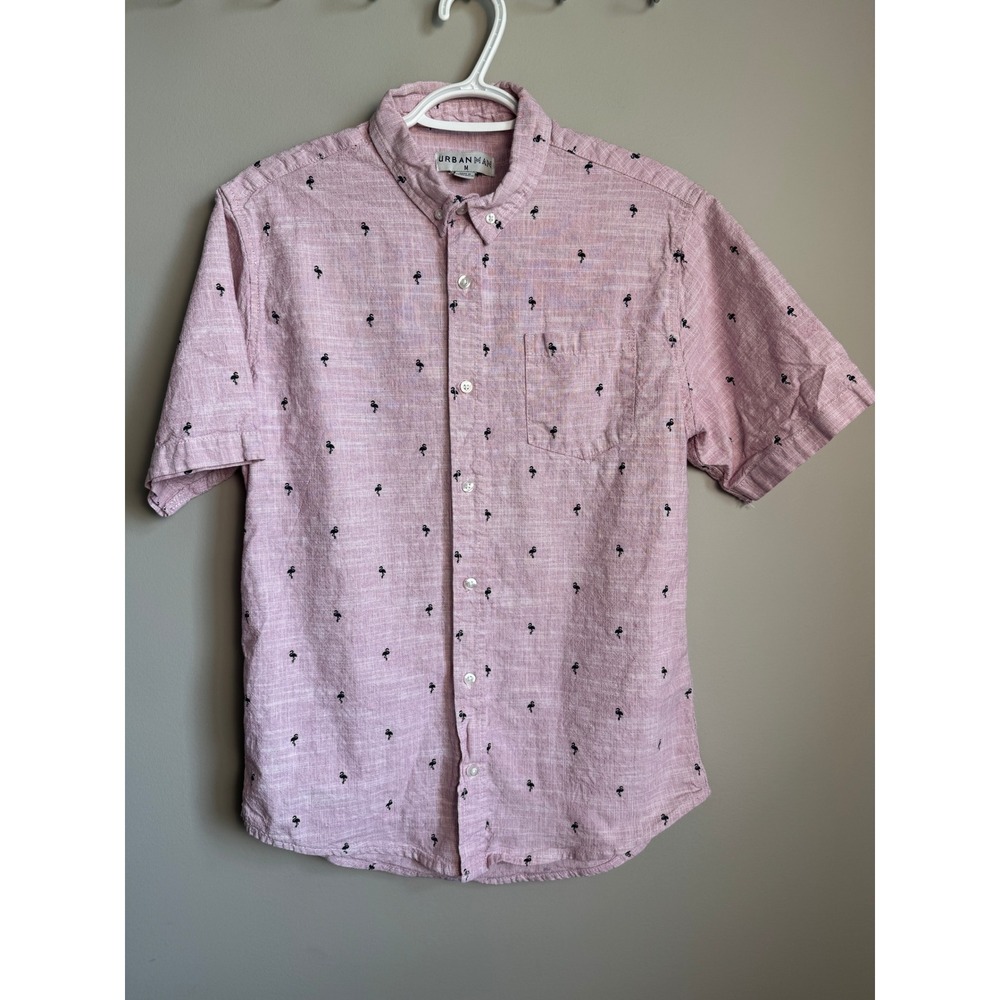 Urban Man Flamingo Print Short Sleeve Button Down Shirt M Tropical Beachy Preppy